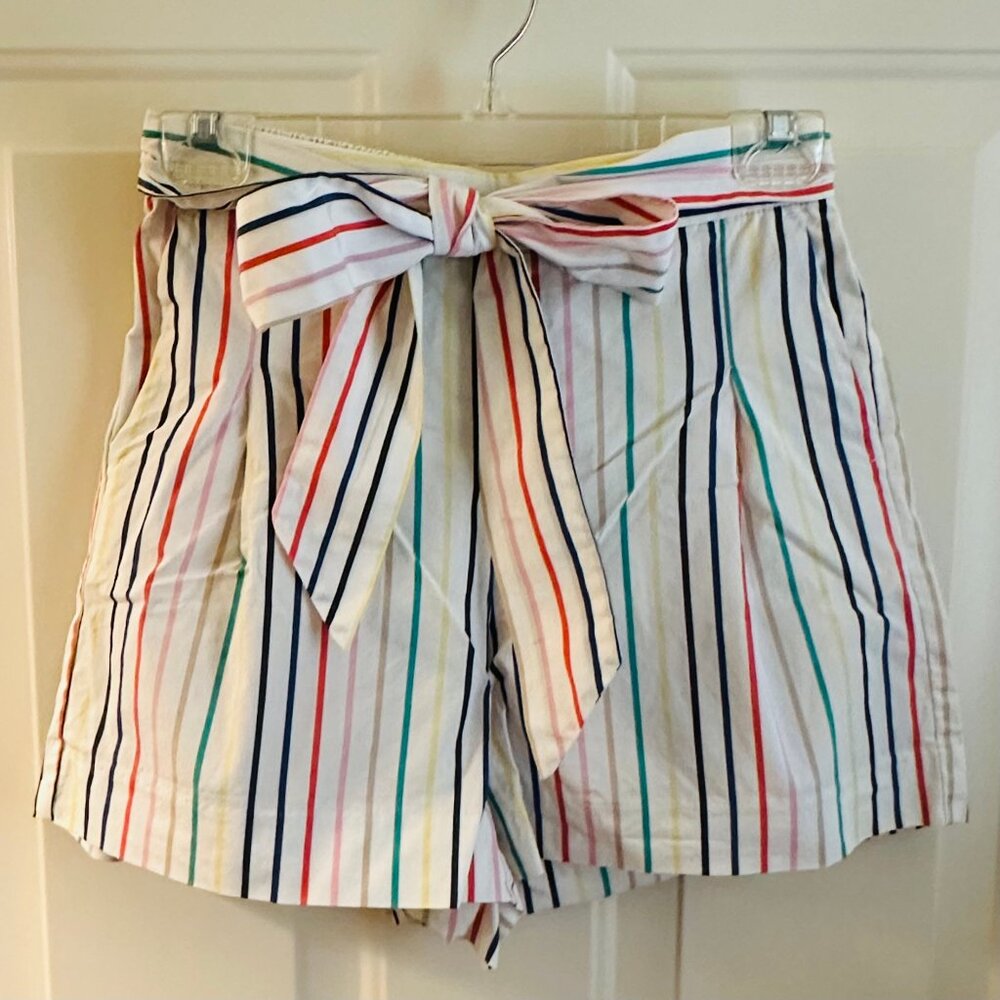 J. Crew Factory Rainbow Striped Bow Tie-waist Short Stretch Cotton Poplin Size 0 - Picture 2 of 4